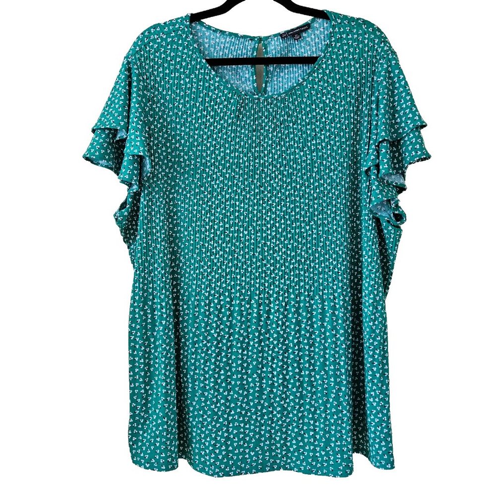 Adrianna Papell Tiered Flutter SS Green Ditsy Floral Print Top Plus Womens 2X